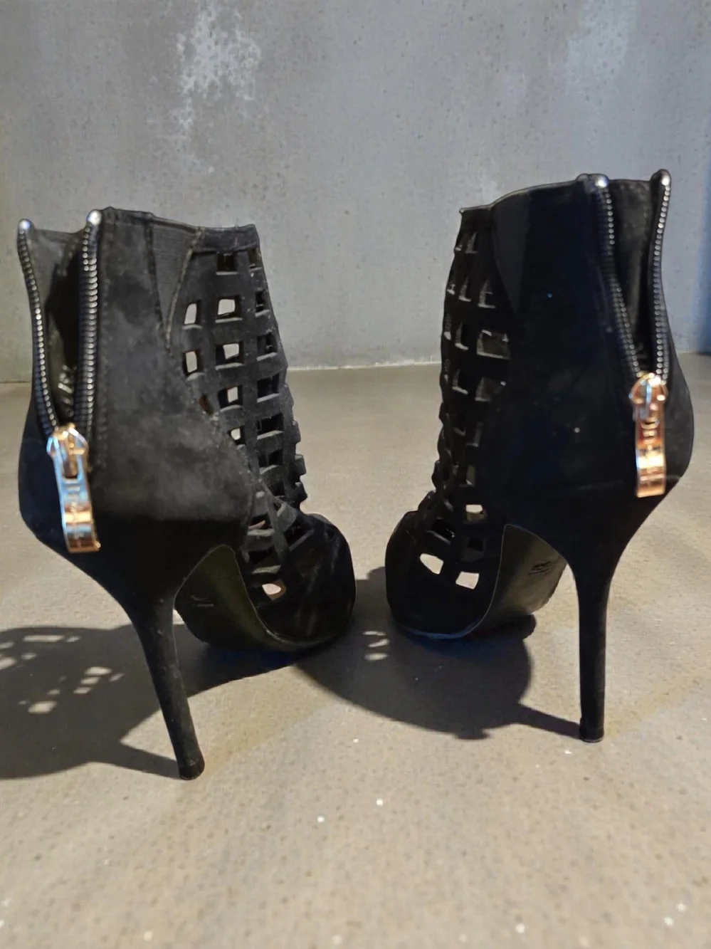 Black Cutout Lattice Pointed-Toe Stiletto Booties